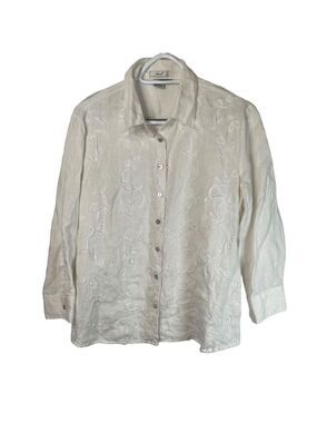 Edward Womens Size Large White Linen Blouse Button Up Shirt Embroidered